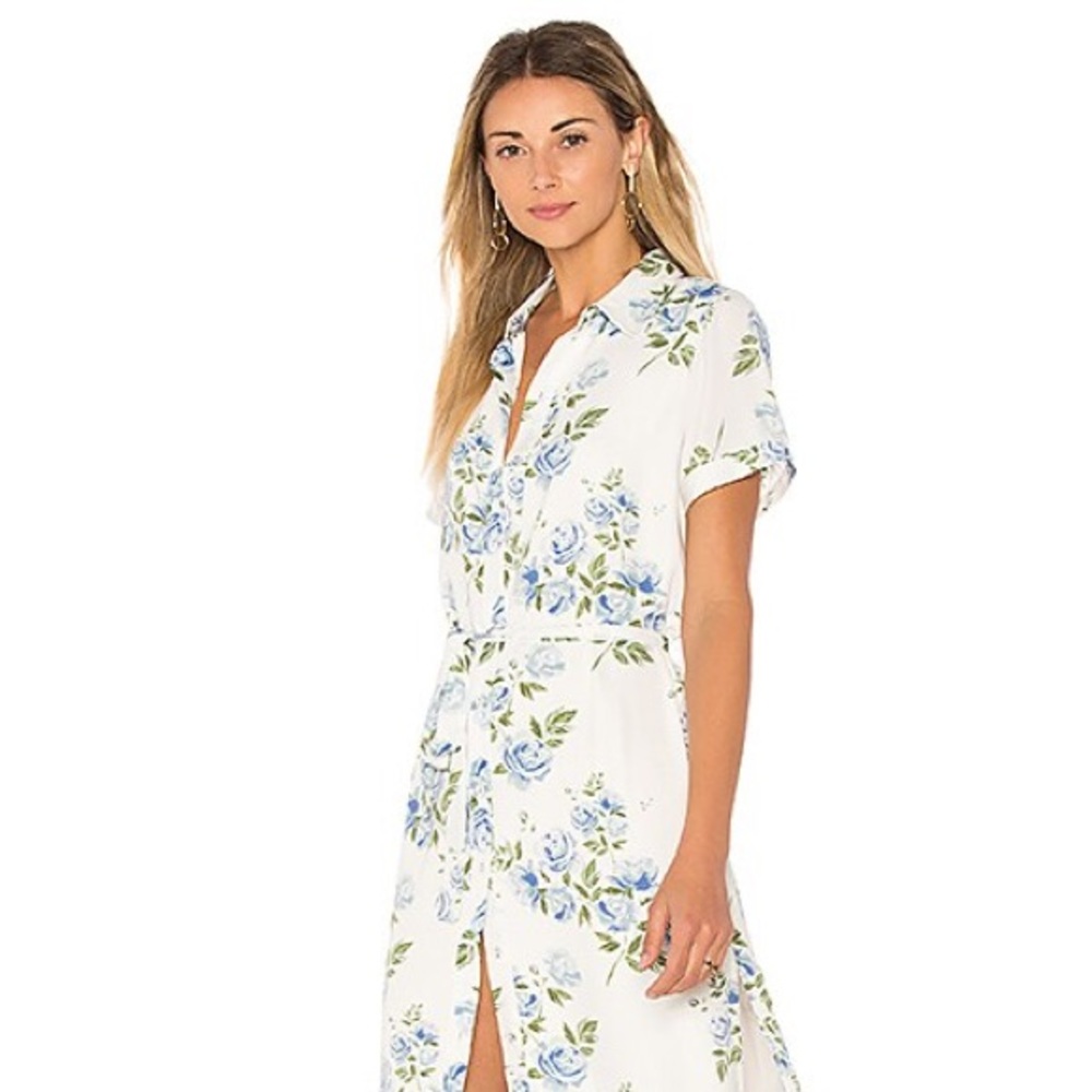 L'Academie White Maxi Shirt Dress with Blue Floral Print